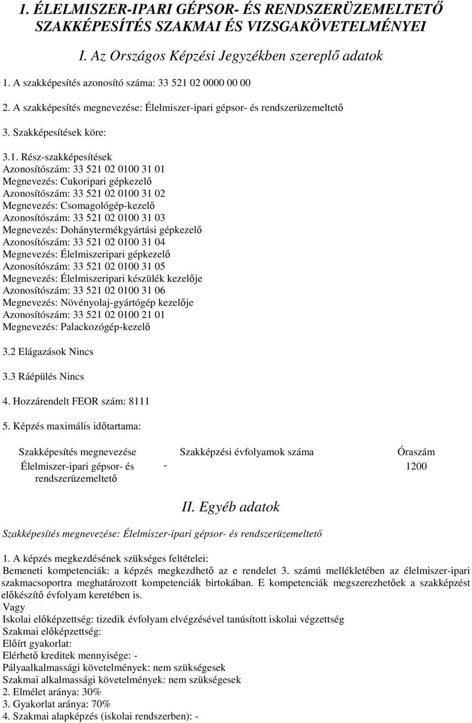 02 0000 00 00 2. A szakképesítés megnevezése: Élelmiszer-ipari gépsor- és rendszerüzemeltető 3. Szakképesítések köre: 3.1.