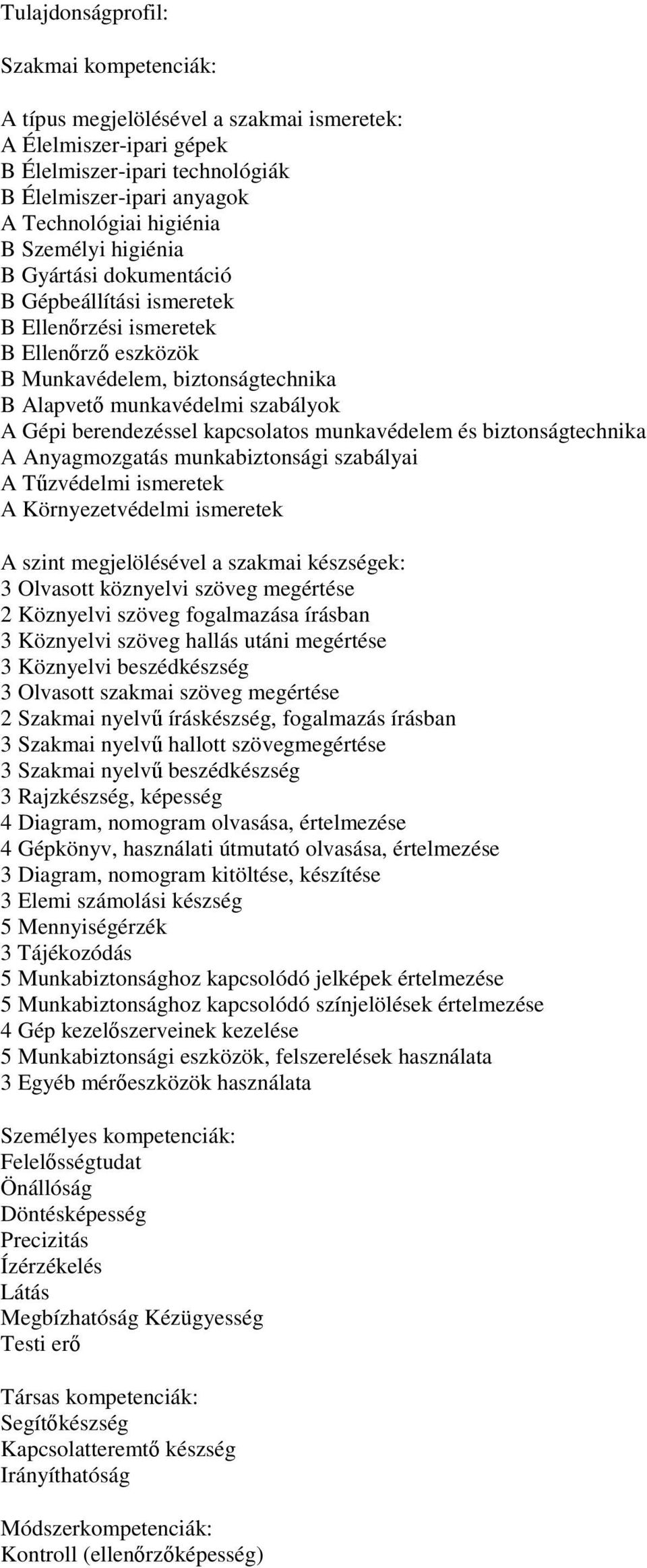 berendezéssel kapcsolatos munkavédelem és biztonságtechnika A Anyagmozgatás munkabiztonsági szabályai A Tűzvédelmi ismeretek A Környezetvédelmi ismeretek A szint megjelölésével a szakmai készségek: 3