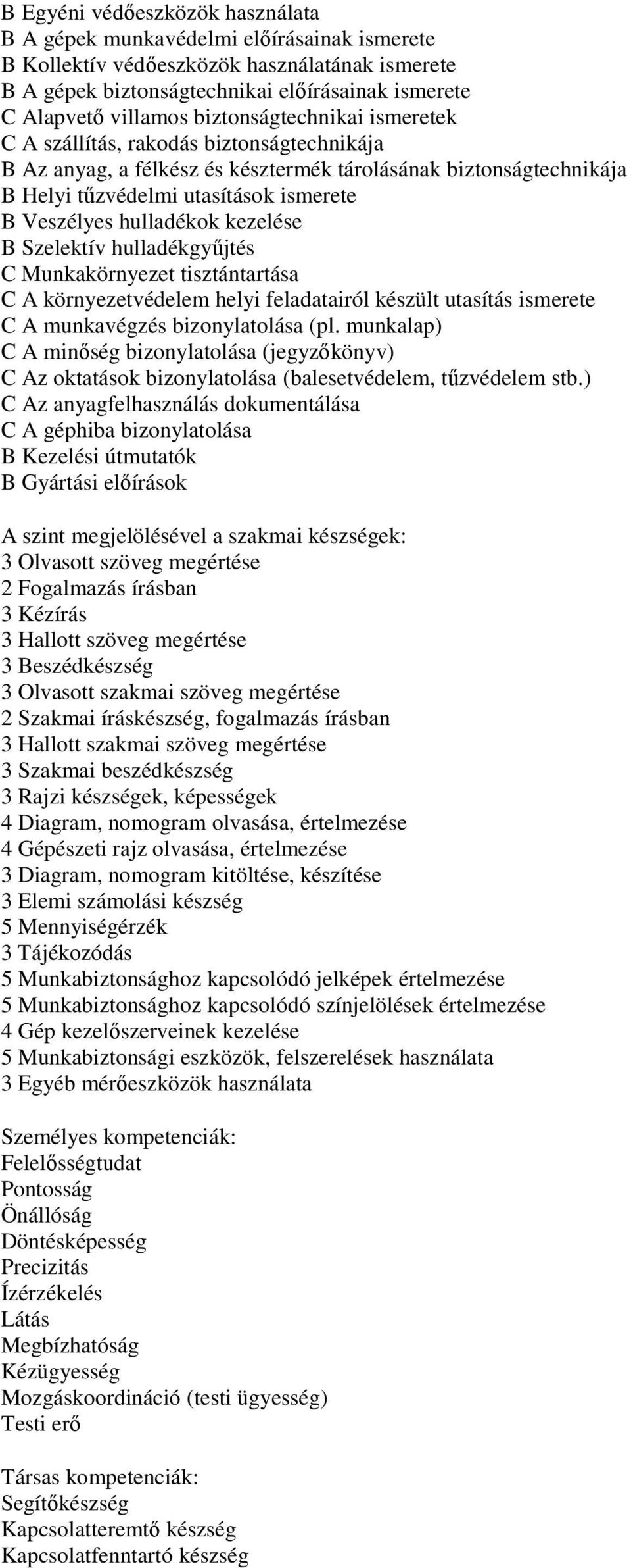 hulladékok kezelése B Szelektív hulladékgyűjtés C Munkakörnyezet tisztántartása C A környezetvédelem helyi feladatairól készült utasítás ismerete C A munkavégzés bizonylatolása (pl.