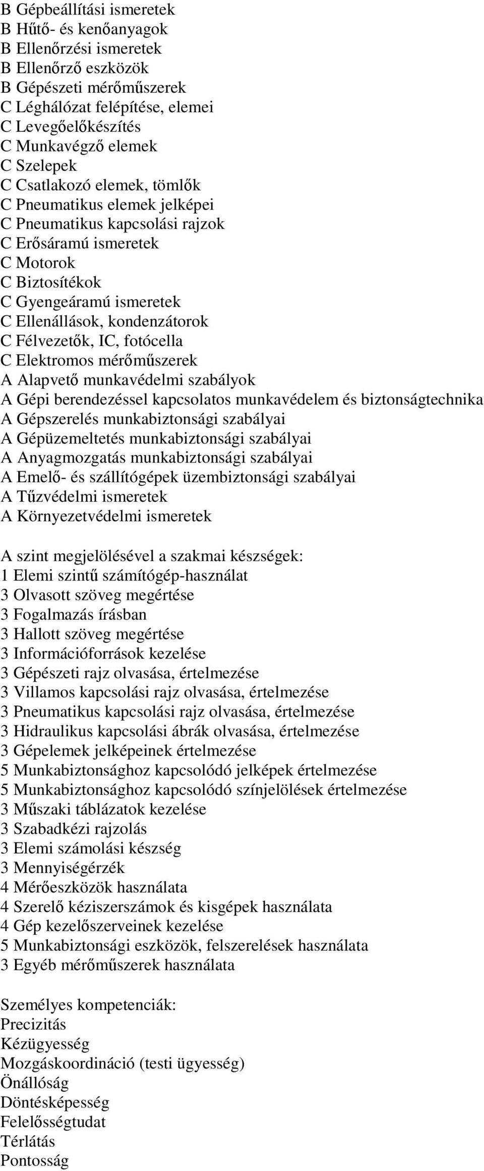 C Félvezetők, IC, fotócella C Elektromos mérőműszerek A Alapvető munkavédelmi szabályok A Gépi berendezéssel kapcsolatos munkavédelem és biztonságtechnika A Gépszerelés munkabiztonsági szabályai A