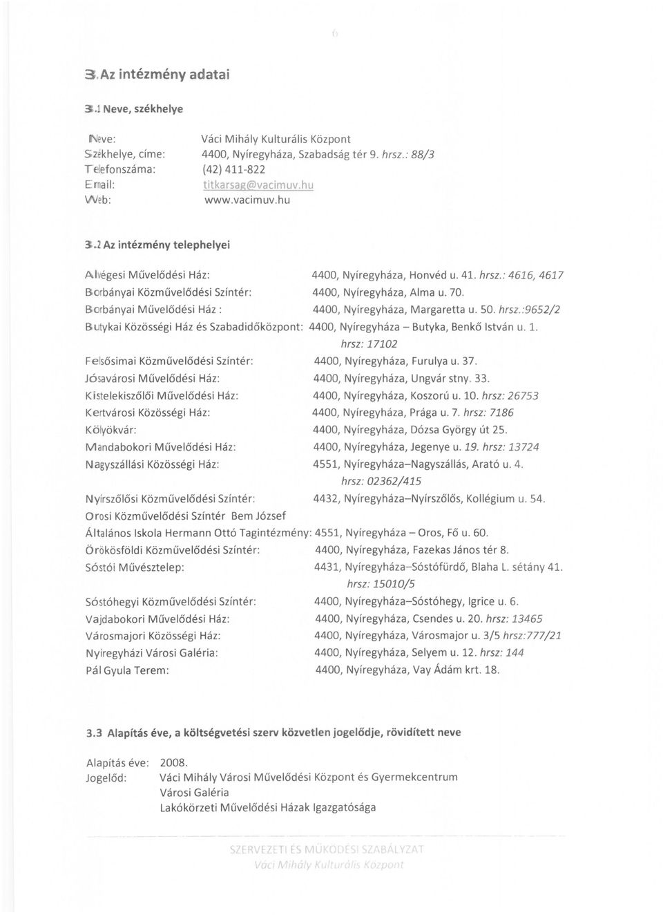 Brbányai Művelődési Ház : 4400, Nyíregyháza, Margaretta u. 50. hrsz.:9652/2 B utykai Közösségi Ház és Szabadidőközpnt : 4400, Nyíregyháza - Butyka, Benkő István u. 1.