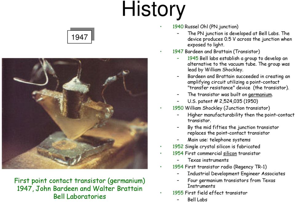 The group was lead by William Shockley. Bardeen and Brattain succeeded in creating an amplifying circuit utilizing a point-contact "transfer resistance" device (the transistor).