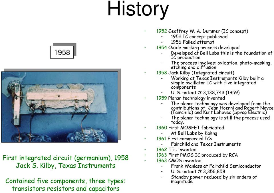 photo-masking, etching and diffusion 1958 Jack Kilby (Integrated circuit) Working at Texas Instruments Kilby built a simple oscillator IC with five integrated components U. S.