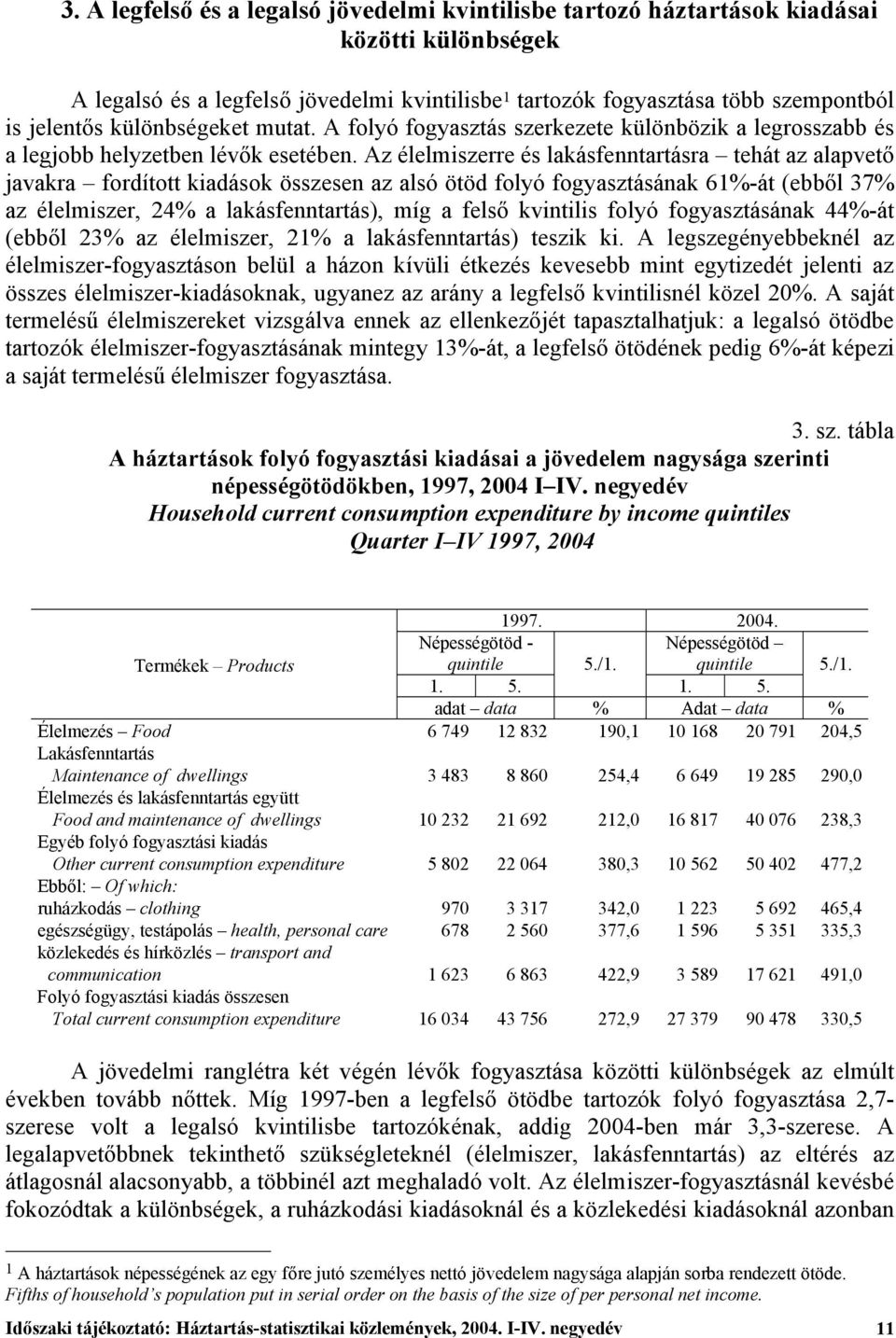 Az élelmiszerre és lakásfenntartásra tehát az alapvető javakra fordított kiadások összesen az alsó ötöd folyó fogyasztásának 61%-át (ebből 37% az élelmiszer, 24% a lakásfenntartás), míg a felső