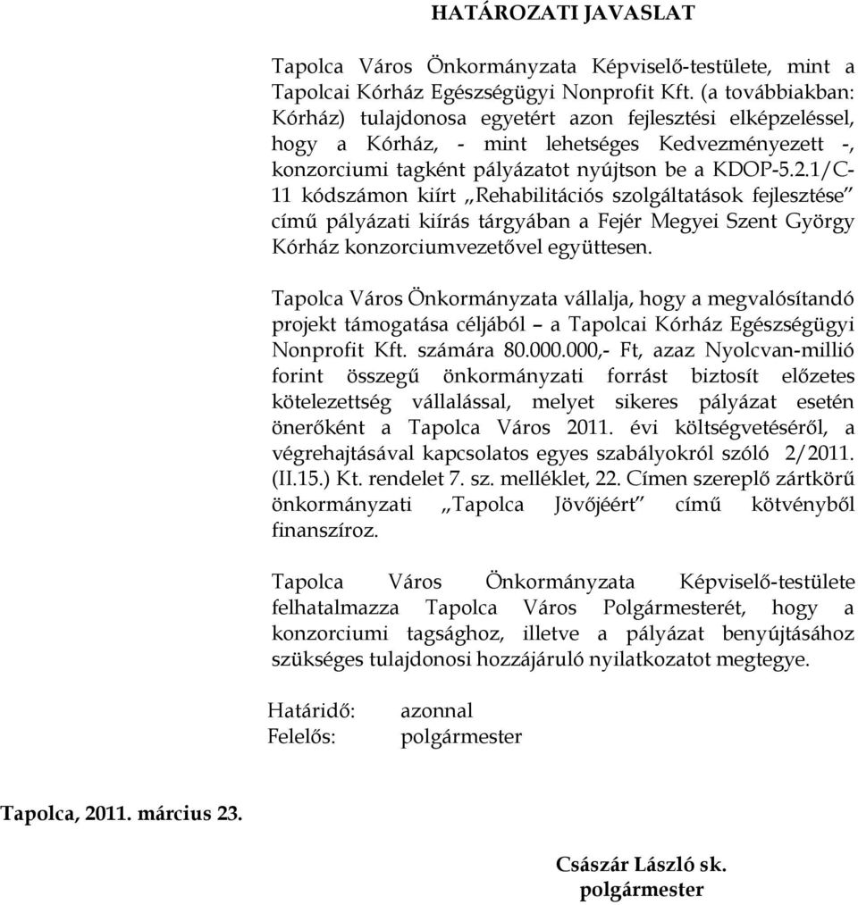 1/C- 11 kódszámon kiírt Rehabilitációs szolgáltatások fejlesztése című pályázati kiírás tárgyában a Fejér Megyei Szent György Kórház konzorciumvezetővel együttesen.