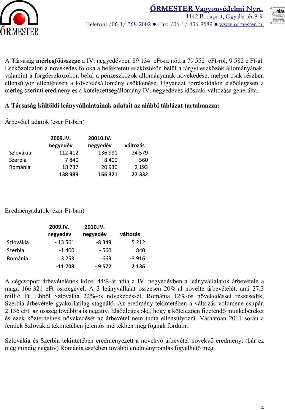 ellensúlyoz ellentétesen a követelésállomány csökkenése. Ugyanezt forrásoldalon elsődlegesen a mérleg szerinti eredmény és a kötelezettségállomány IV. negyedéves időszaki változása generálta.