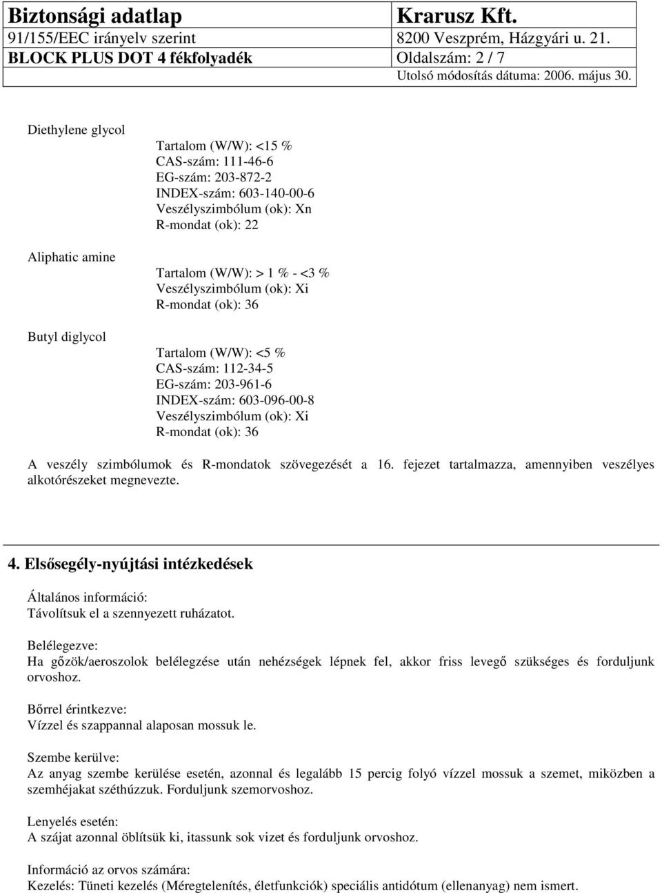 Veszélyszimbólum (ok): Xi R-mondat (ok): 36 A veszély szimbólumok és R-mondatok szövegezését a 16. fejezet tartalmazza, amennyiben veszélyes alkotórészeket megnevezte. 4.