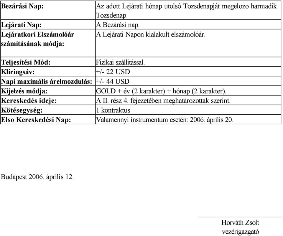 Klíringsáv: +/- 22 USD Napi maximális árelmozdulás: +/- 44 USD Kijelzés módja: GOLD + év (2 karakter) + hónap (2 karakter). Kereskedés ideje: A II.