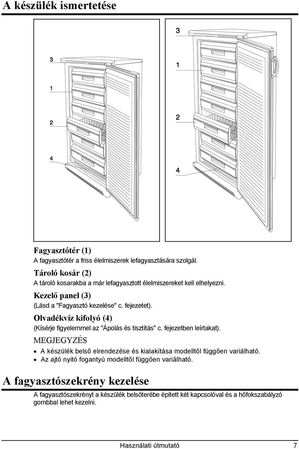 Olvadékvíz kifolyó (4) (Kísérje figyelemmel az "Ápolás és tisztítás" c. fejezetben leírtakat).