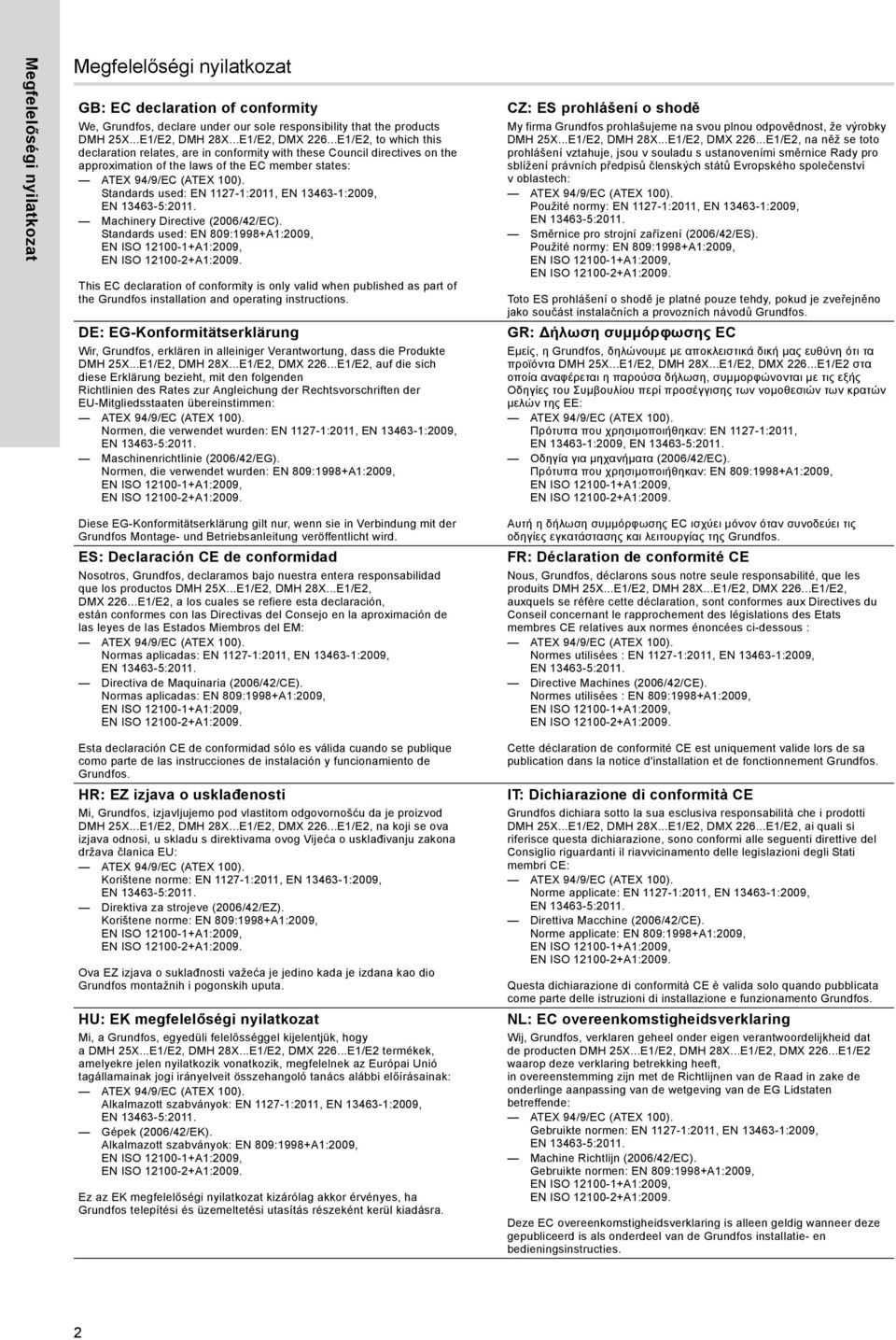 Machinery Directive (2006/42/EC). Standards used: EN 809:1998+A1:2009, This EC declaration of conformity is only valid when published as part of the Grundfos installation and operating instructions.