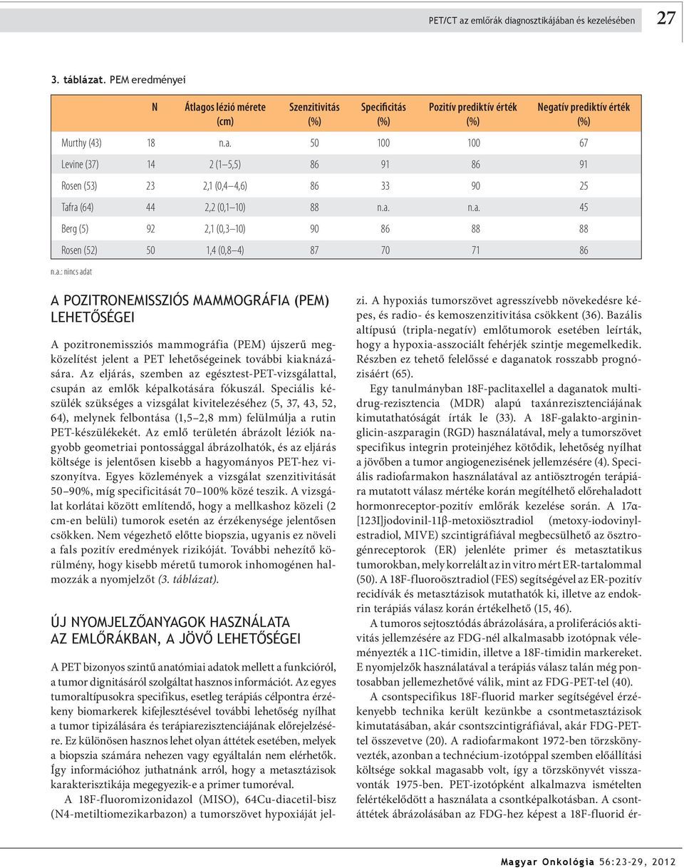 a. n.a. 45 Berg (5) 92 2,1 (0,3 10) 90 86 88 88 Rosen (52) 50 1,4 (0,8 4) 87 70 71 86 n.a.: nincs adat A POZITRONEMISSZIÓS MAMMOGRÁFIA (PEM) LEHETŐSÉGEI A pozitronemissziós mammográfia (PEM) újszerű megközelítést jelent a PET lehetőségeinek további kiaknázására.