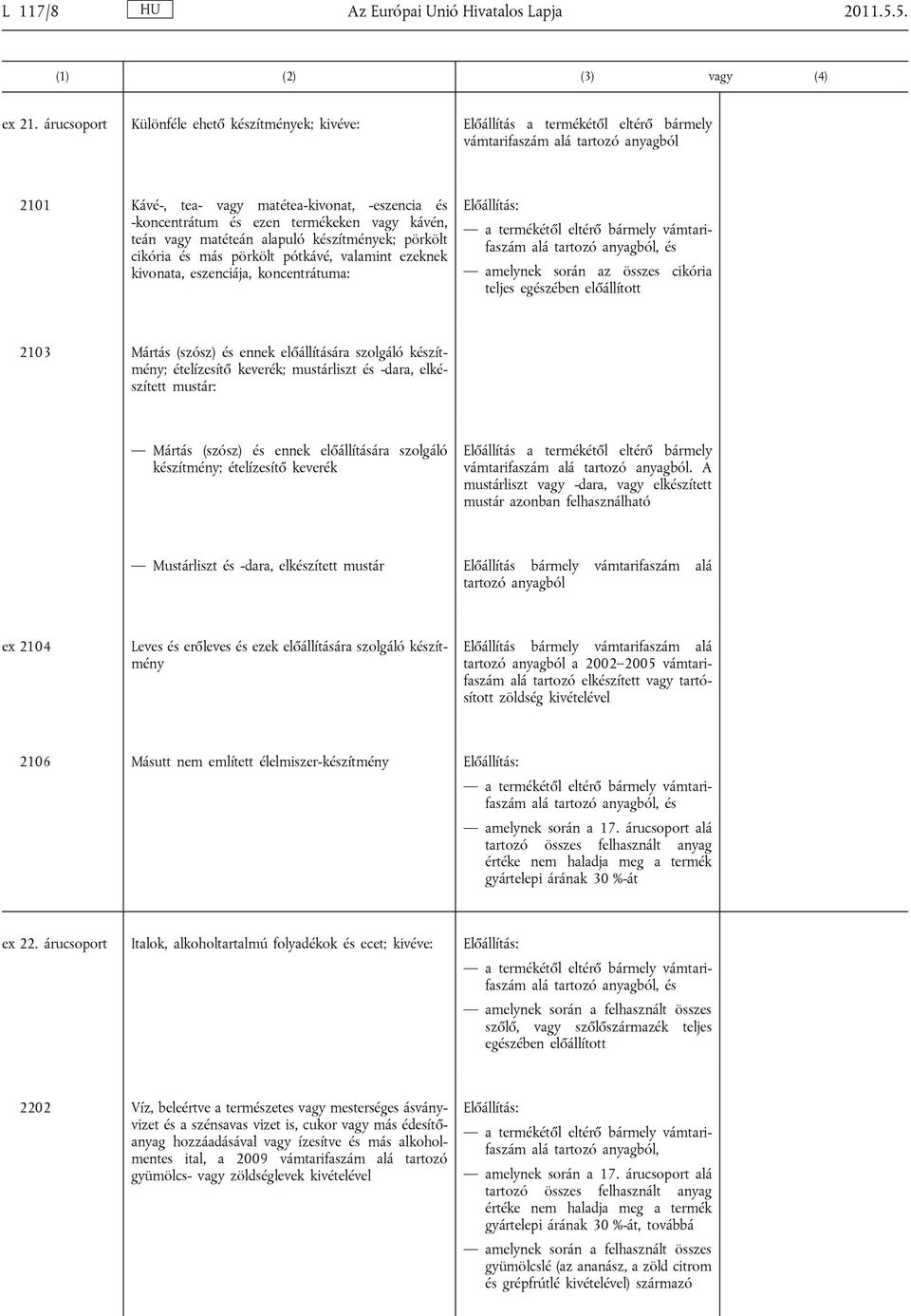 cikória és más pörkölt pótkávé, valamint ezeknek kivonata, eszenciája, koncentrátuma: amelynek során az összes cikória teljes egészében előállított 2103 Mártás (szósz) és ennek előállítására szolgáló