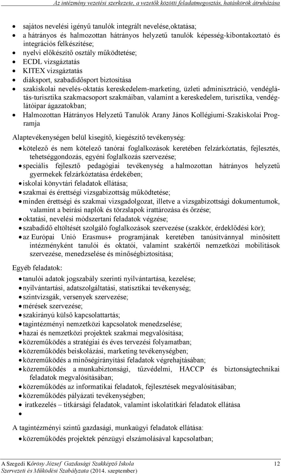 nevelés-oktatás kereskedelem-marketing, üzleti adminisztráció, vendéglátás-turisztika szakmacsoport szakmáiban, valamint a kereskedelem, turisztika, vendéglátóipar ágazatokban; Halmozottan Hátrányos