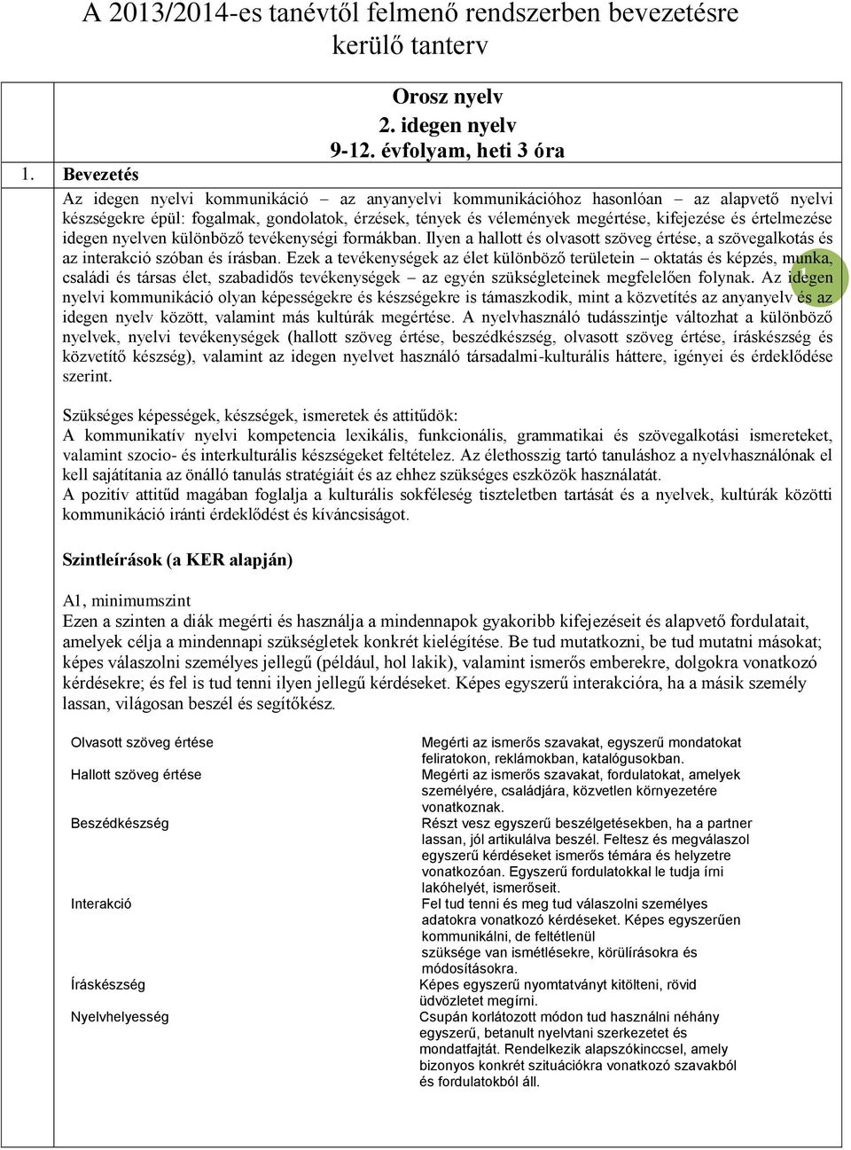 értelmezése idegen nyelven különböző tevékenységi formákban. Ilyen a hallott és olvasott szöveg értése, a szövegalkotás és az interakció szóban és írásban.