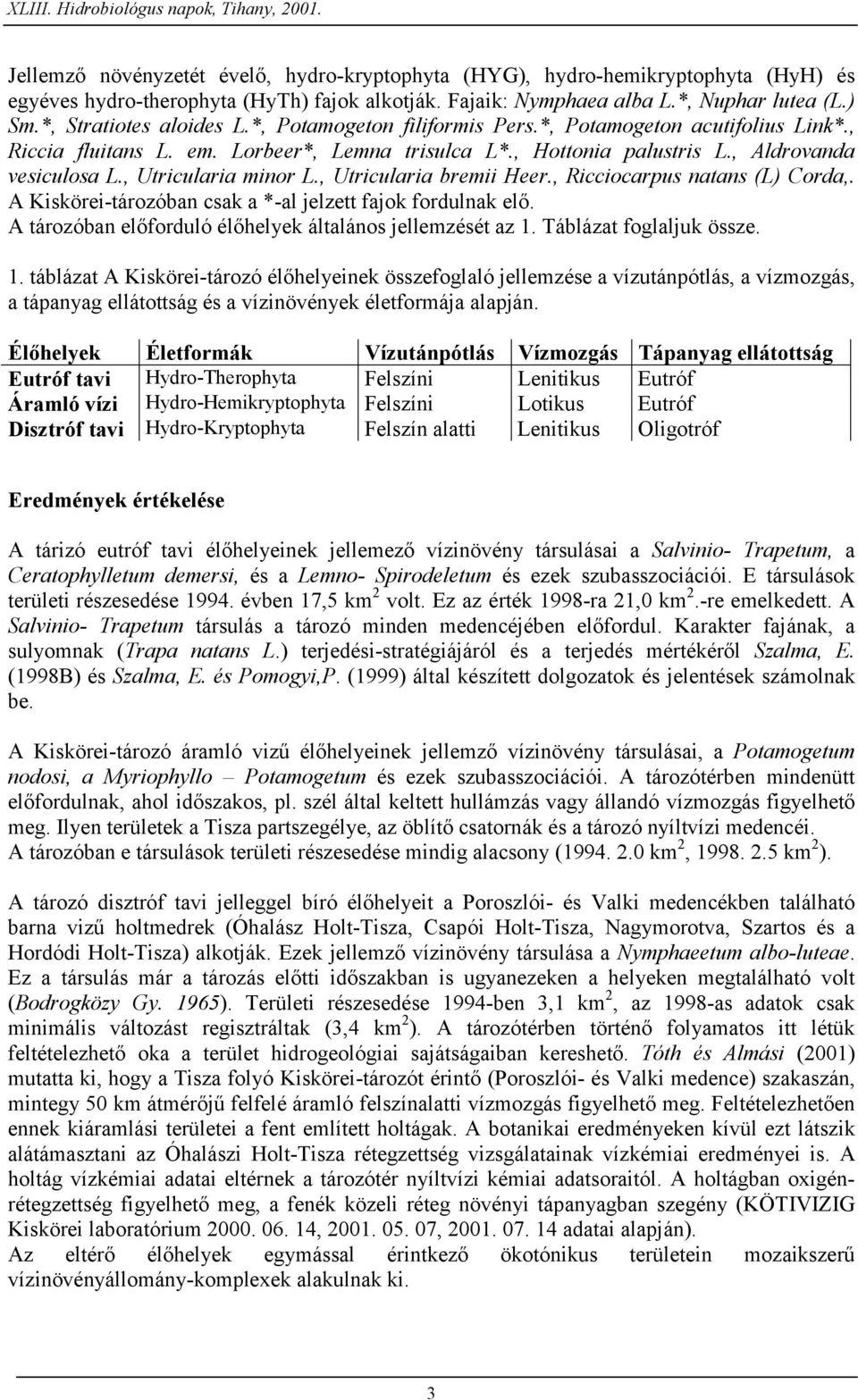 , Utricularia minor L., Utricularia bremii Heer., Ricciocarpus natans (L) Corda,. A Kiskörei-tározóban csak a *-al jelzett fajok fordulnak elő.