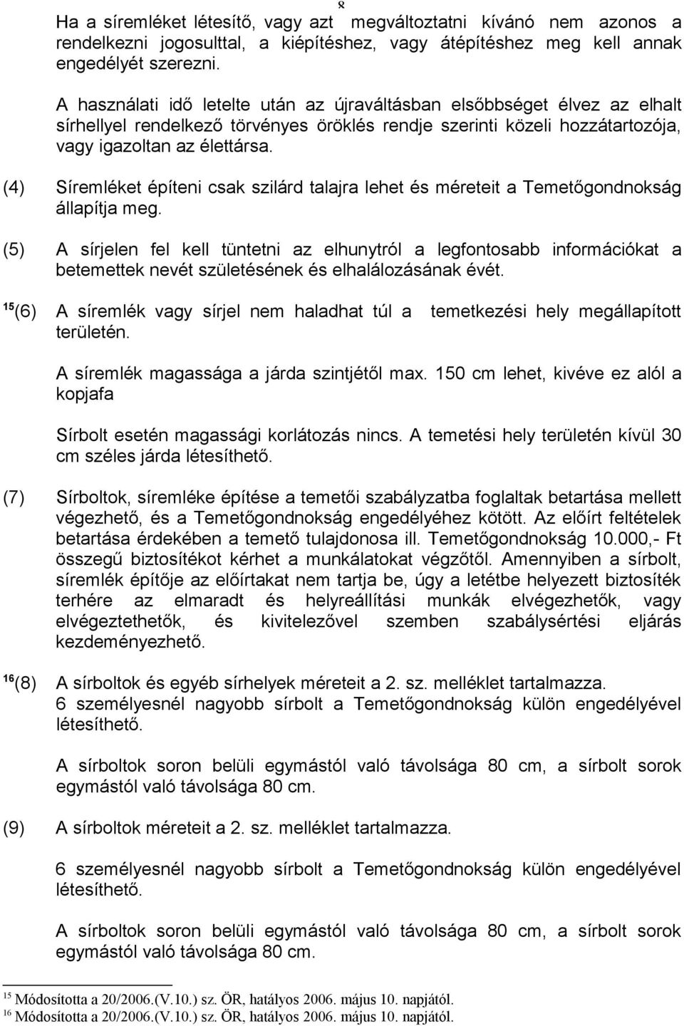 (4) Síremléket építeni csak szilárd talajra lehet és méreteit a Temetőgondnokság állapítja meg.