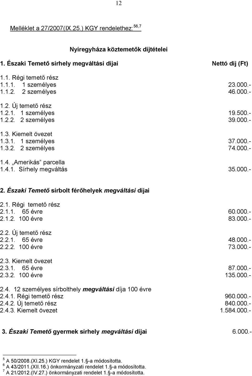 000.- 2. Északi Temető sírbolt férőhelyek megváltási díjai 2.1. Régi temető rész 2.1.1. 65 évre 60.000.- 2.1.2. 100 évre 83.000.- 2.2. Új temető rész 2.2.1. 65 évre 48.000.- 2.2.2. 100 évre 73.000.- 2.3. Kiemelt övezet 2.