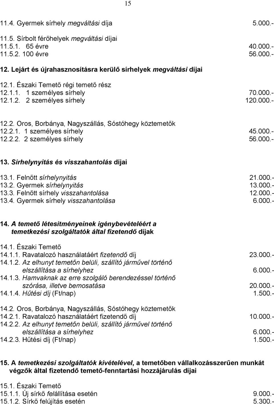 2.1. 1 személyes sírhely 45.000.- 12.2.2. 2 személyes sírhely 56.000.- 13. Sírhelynyitás és visszahantolás díjai 13.1. Felnőtt sírhelynyitás 21.000.- 13.2. Gyermek sírhelynyitás 13.000.- 13.3. Felnőtt sírhely visszahantolása 12.