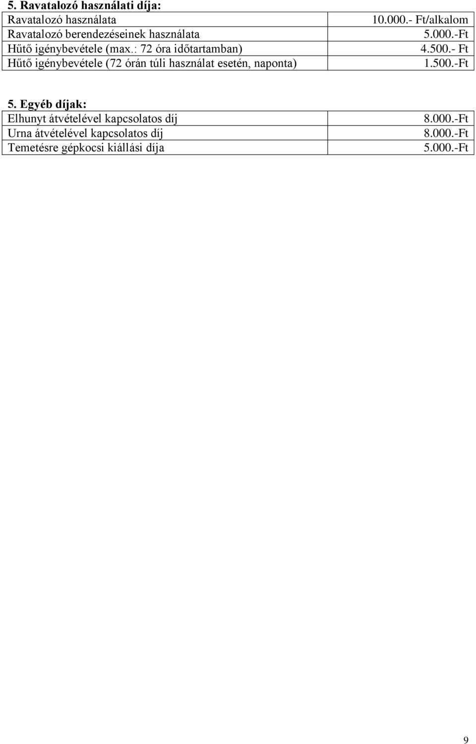 : 72 óra időtartamban) Hűtő igénybevétele (72 órán túli használat esetén, naponta) 10.000.
