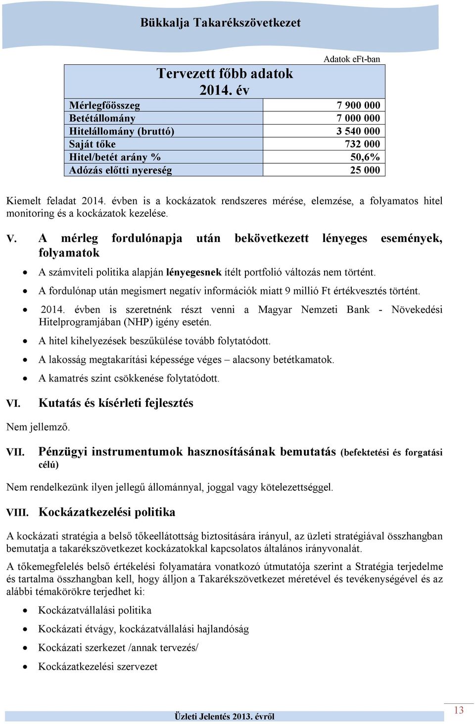 évben is a kockázatok rendszeres mérése, elemzése, a folyamatos hitel monitoring és a kockázatok kezelése. V.