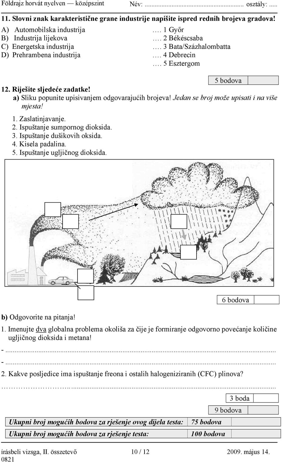 a) Sliku popunite upisivanjem odgovarajućih brojeva! Jedan se broj može upisati i na više mjesta! 1. Zaslatinjavanje. 2. Ispuštanje sumpornog dioksida. 3. Ispuštanje dušikovih oksida. 4.