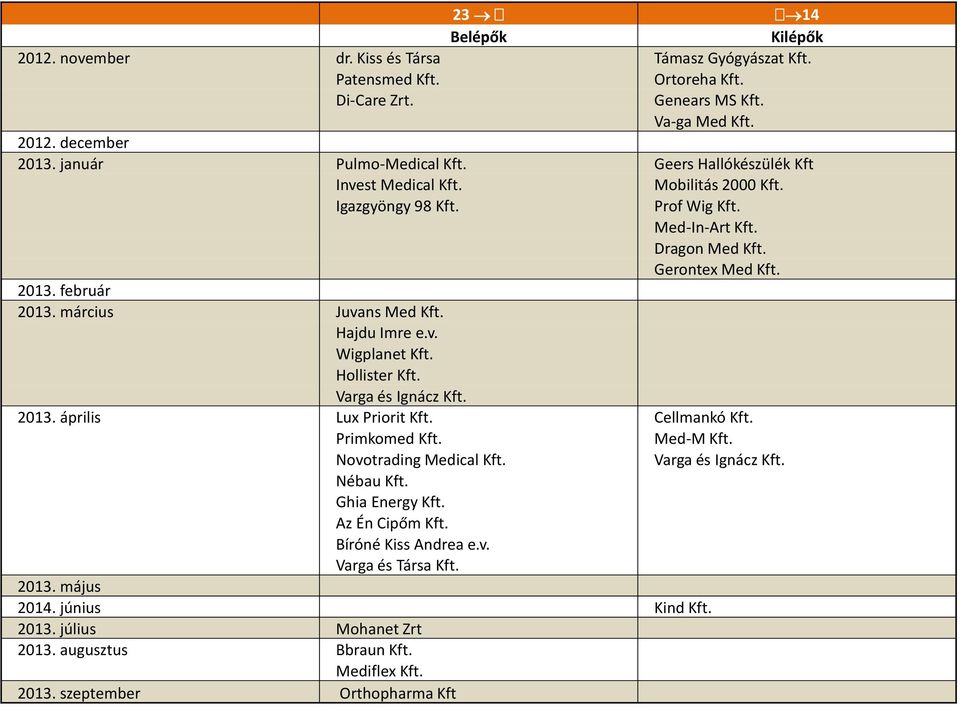 Hajdu Imre e.v. Wigplanet Kft. Hollister Kft. Varga és Ignácz Kft. 2013. április Lux Priorit Kft. Cellmankó Kft. Primkomed Kft. Med-M Kft. Novotrading Medical Kft. Nébau Kft. Ghia Energy Kft.