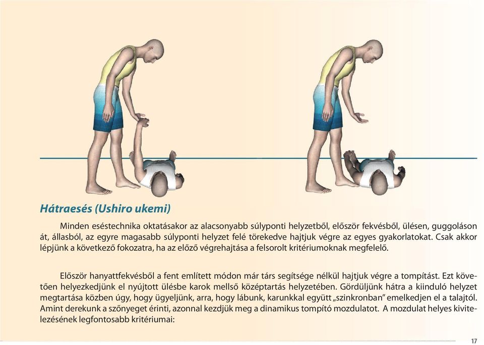 Először hanyattfekvésből a fent említett módon már társ segítsége nélkül hajtjuk végre a tompítást. Ezt követően helyezkedjünk el nyújtott ülésbe karok mellső középtartás helyzetében.