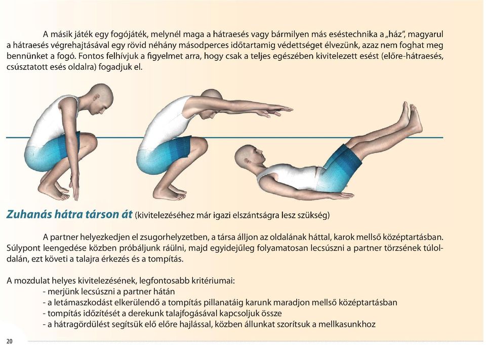 Zuhanás hátra társon át (kivitelezéséhez már igazi elszántságra lesz szükség) A partner helyezkedjen el zsugorhelyzetben, a társa álljon az oldalának háttal, karok mellső középtartásban.