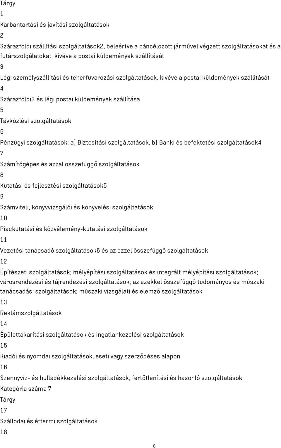 szolgáltatások 6 Pénzügyi szolgáltatások: a) Biztosítási szolgáltatások, b) Banki és befektetési szolgáltatások4 7 Számítógépes és azzal összefüggő szolgáltatások 8 Kutatási és fejlesztési