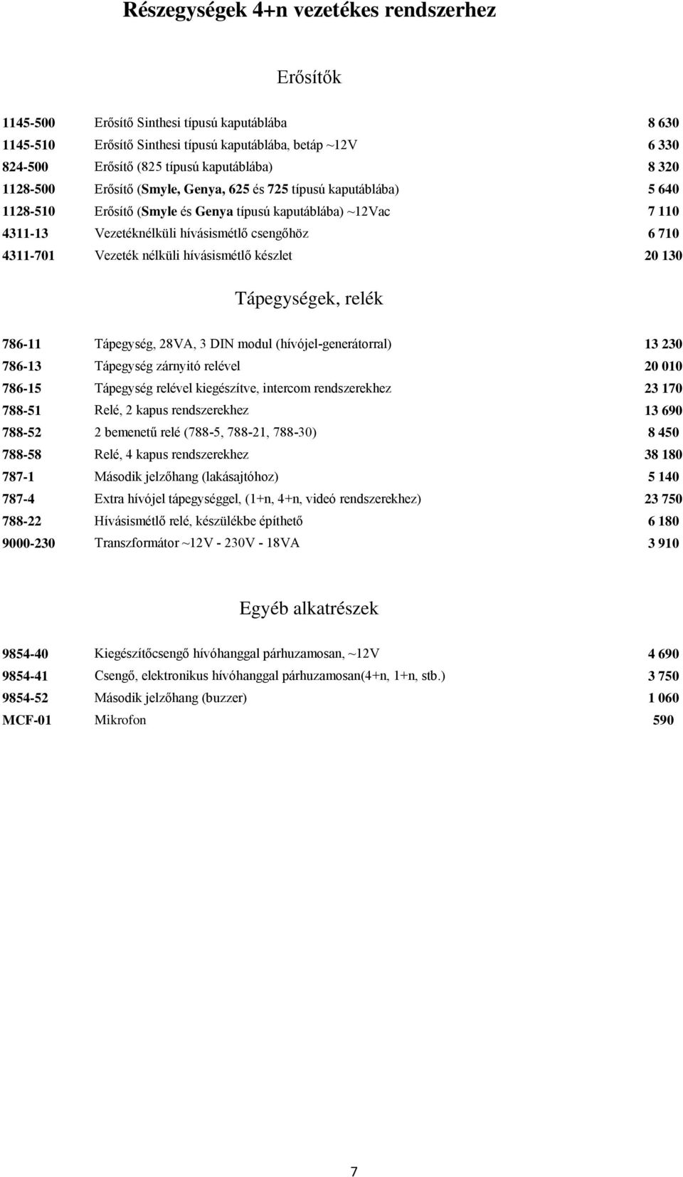 6 710 4311-701 Vezeték nélküli hívásismétlő készlet 20 130 Tápegységek, relék 786-11 Tápegység, 28VA, 3 DIN modul (hívójel-generátorral) 13 230 786-13 Tápegység zárnyitó relével 20 010 786-15