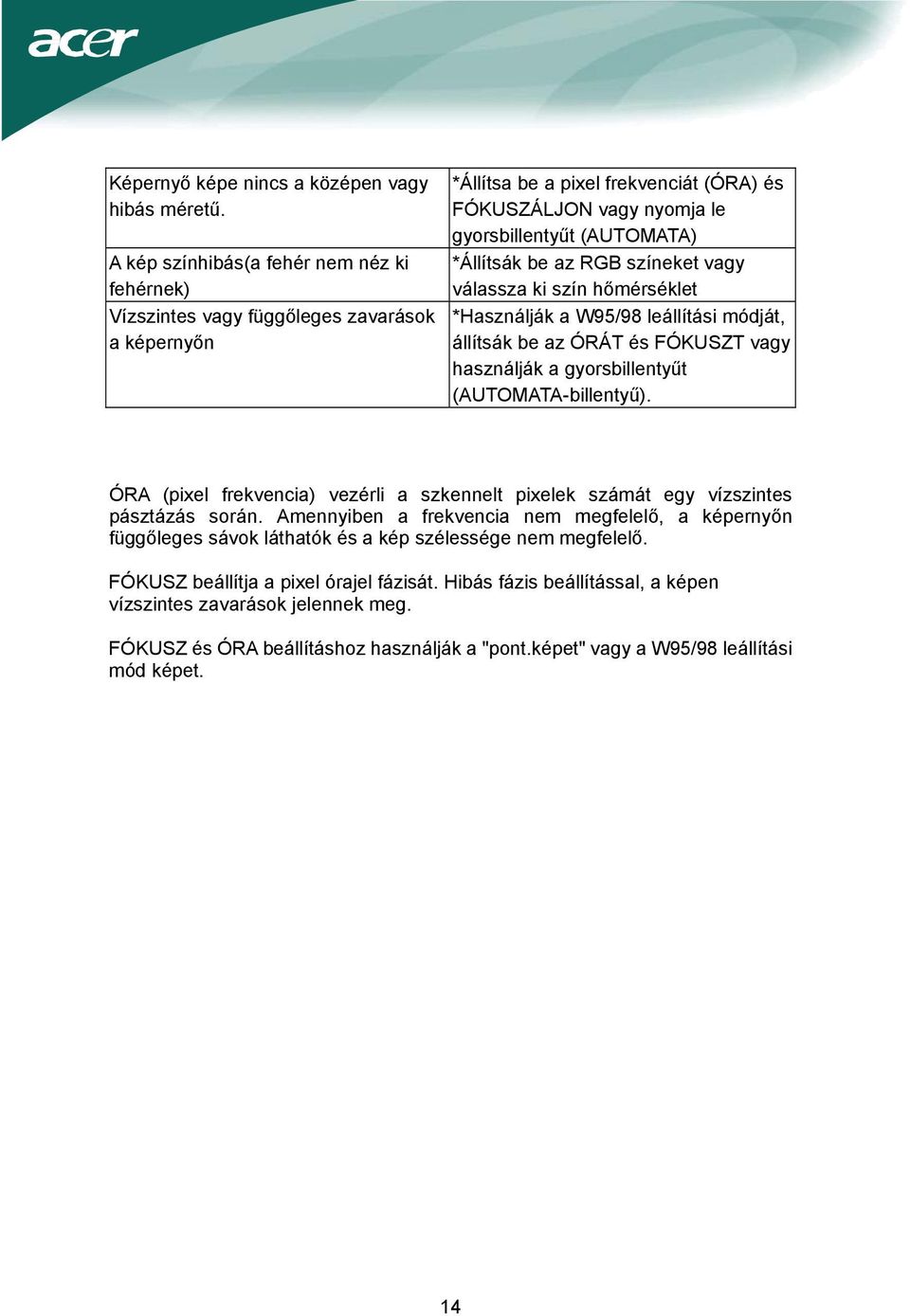 be az RGB színeket vagy válassza ki szín hőmérséklet *Használják a W95/98 leállítási módját, állítsák be az ÓRÁT és FÓKUSZT vagy használják a gyorsbillentyűt (AUTOMATA-billentyű).