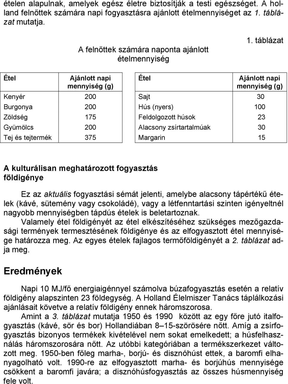 táblázat Étel Ajánlott napi Étel Ajánlott napi mennyiség (g) mennyiség (g) Kenyér 200 Sajt 30 Burgonya 200 Hús (nyers) 100 Zöldség 175 Feldolgozott húsok 23 Gyümölcs 200 Alacsony zsírtartalmúak 30