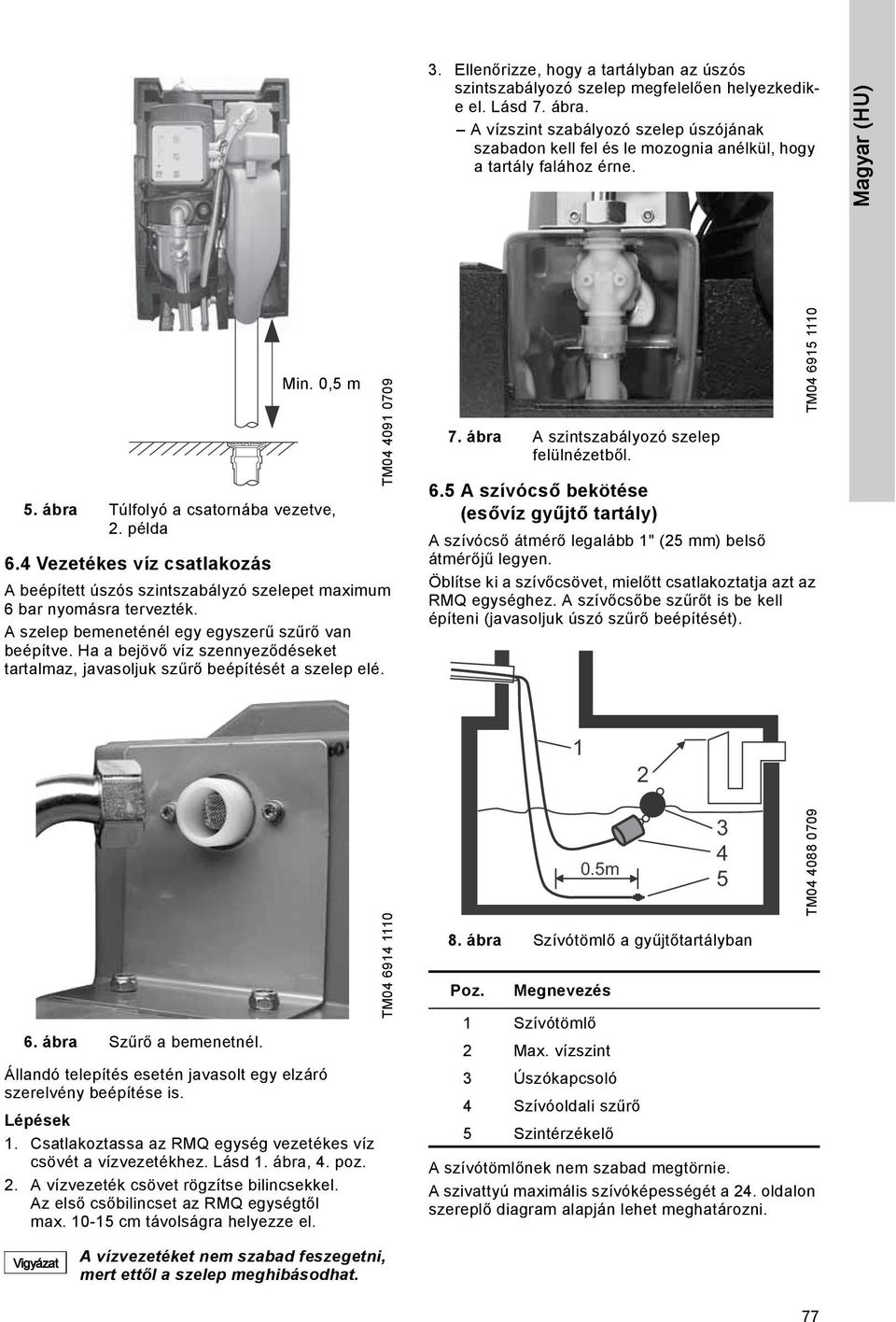 4 Vezetékes víz csatlakozás A beépített úszós szintszabályzó szelepet maximum 6 bar nyomásra tervezték. A szelep bemeneténél egy egyszerű szűrő van beépítve.