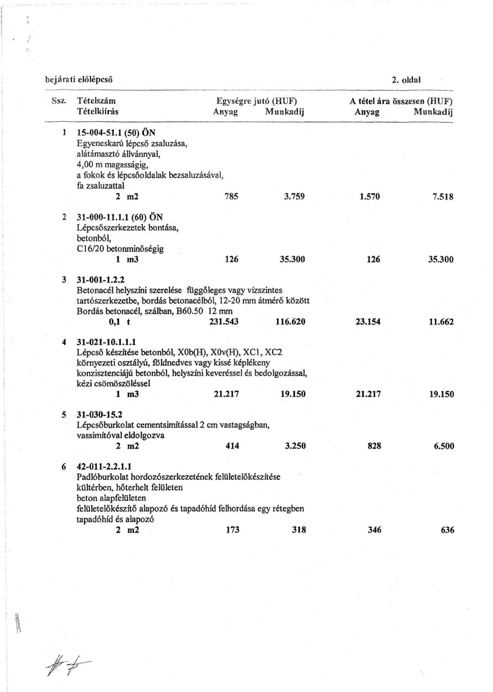 300 126 35.300 3 31-001-1.2.2 Betonacél helyszíni szerelése függőleges vagy vízszintes tartószerkezetbe, bordás betonacélból, 12-20 mm átmérő között Bordás betonacél, szálban, B60.50 12 mm 0,1 t 231.