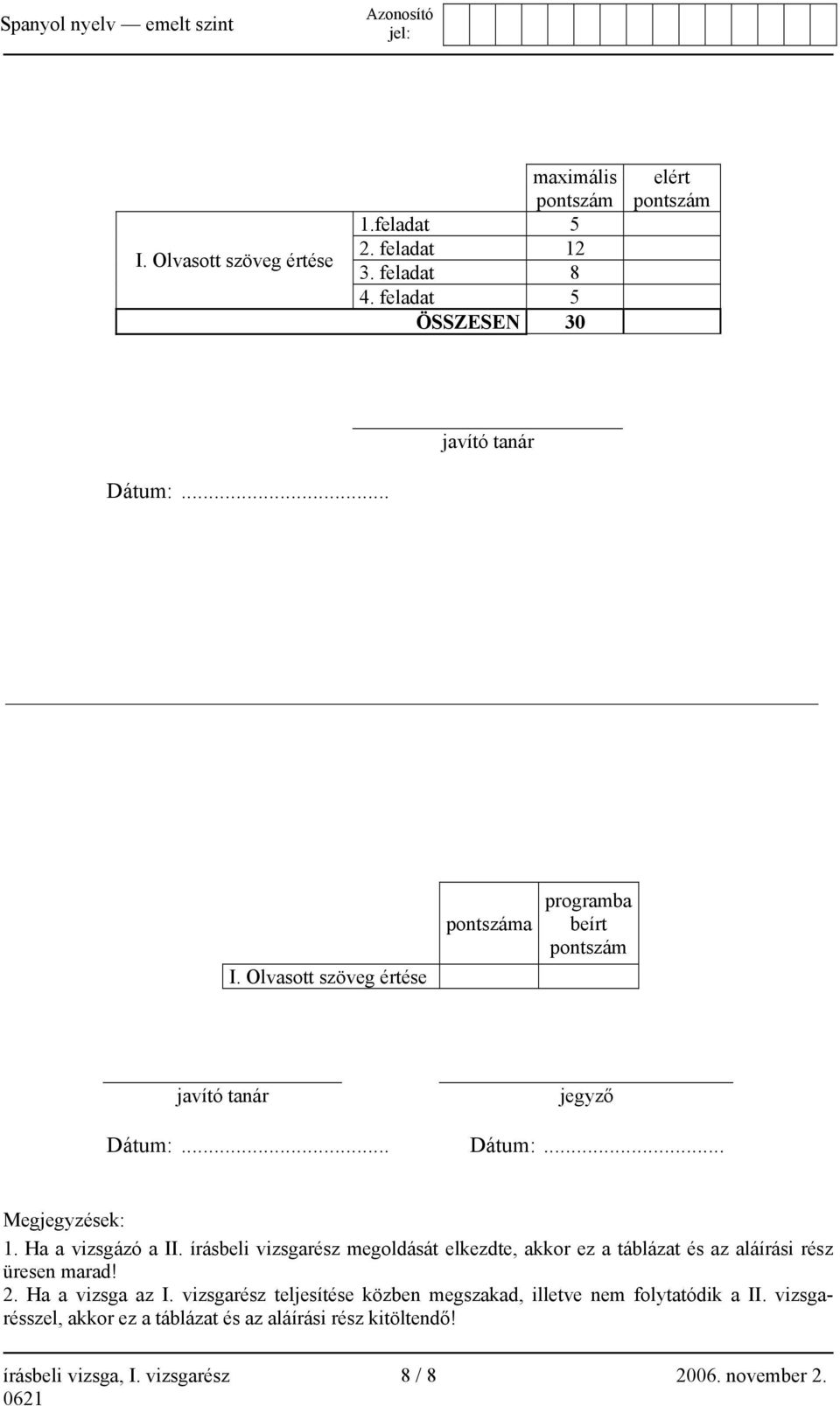 írásbeli vizsgarész megoldását elkezdte, akkor ez a táblázat és az aláírási rész üresen marad! 2. Ha a vizsga az I.