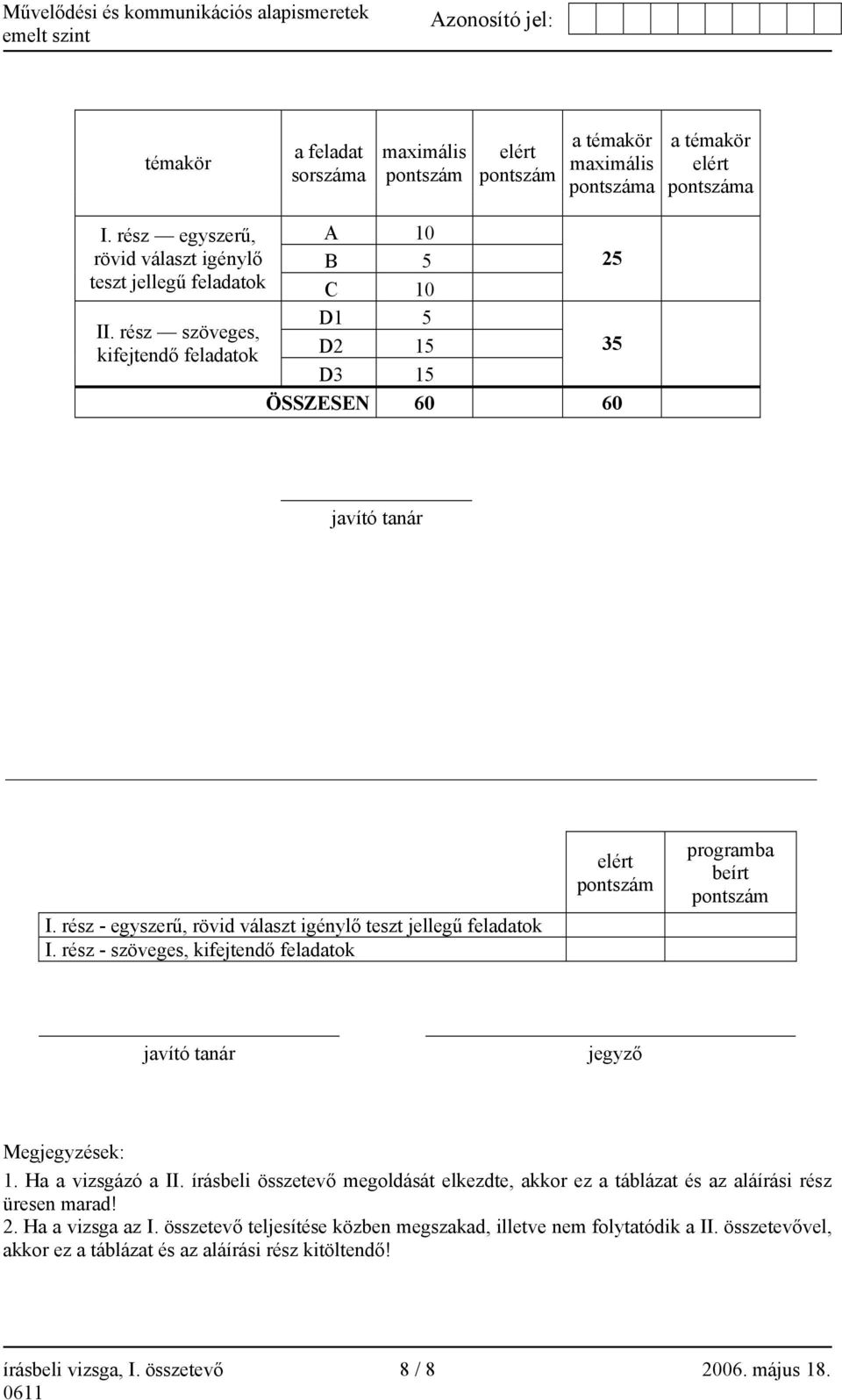 rész - szöveges, kifejtendő feladatok elért pontszám programba beírt pontszám javító tanár jegyző Megjegyzések: 1. Ha a vizsgázó a II.