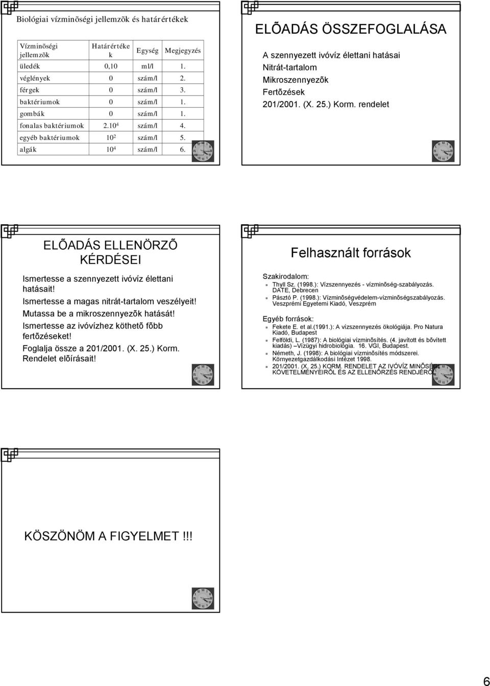 ELÕADÁS ELLENÖRZÕ KÉRDÉSEI Ismertesse a szennyezett ivóvíz élettani hatásait! Ismertesse a magas nitrát-tartalom veszélyeit! Mutassa be a mikroszennyezõk hatását!