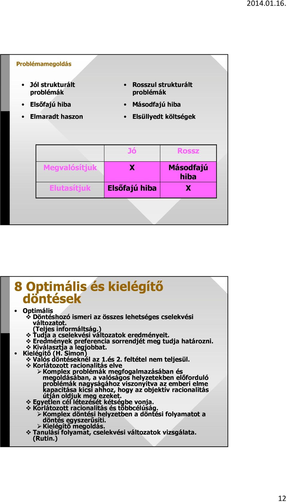 Eredmények preferencia sorrendjét meg tudja határozni. Kiválasztja a legjobbat. Kielégítő (H. Simon) Valós döntéseknél az 1.és 2. feltétel nem teljesül.