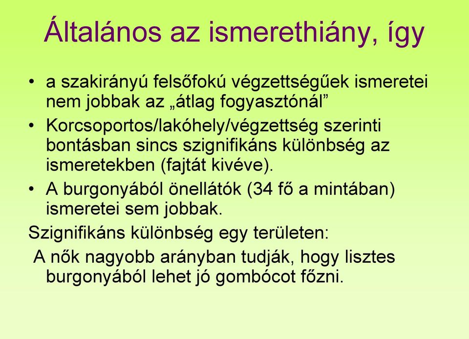 ismeretekben (fajtát kivéve). A burgonyából önellátók (34 fő a mintában) ismeretei sem jobbak.