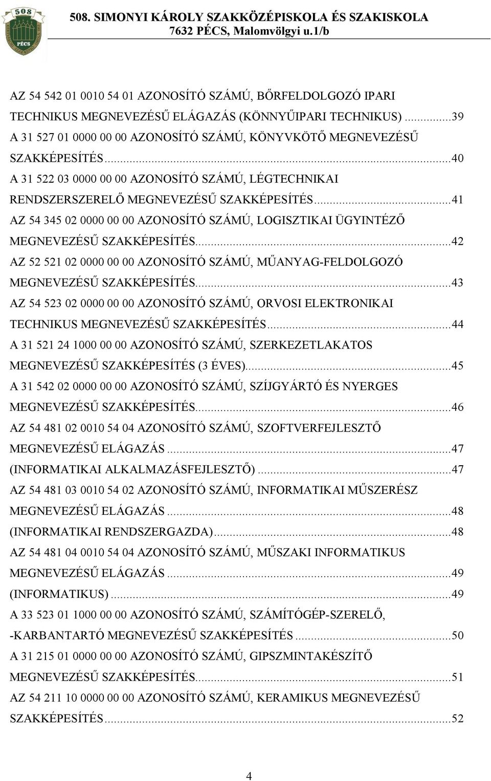 ..42 AZ 52 521 02 0000 00 00 AZONOSÍTÓ SZÁMÚ, MŰANYAG-FELDOLGOZÓ MEGNEVEZÉSŰ SZAKKÉPESÍTÉS...43 AZ 54 523 02 0000 00 00 AZONOSÍTÓ SZÁMÚ, ORVOSI ELEKTRONIKAI TECHNIKUS MEGNEVEZÉSŰ SZAKKÉPESÍTÉS.