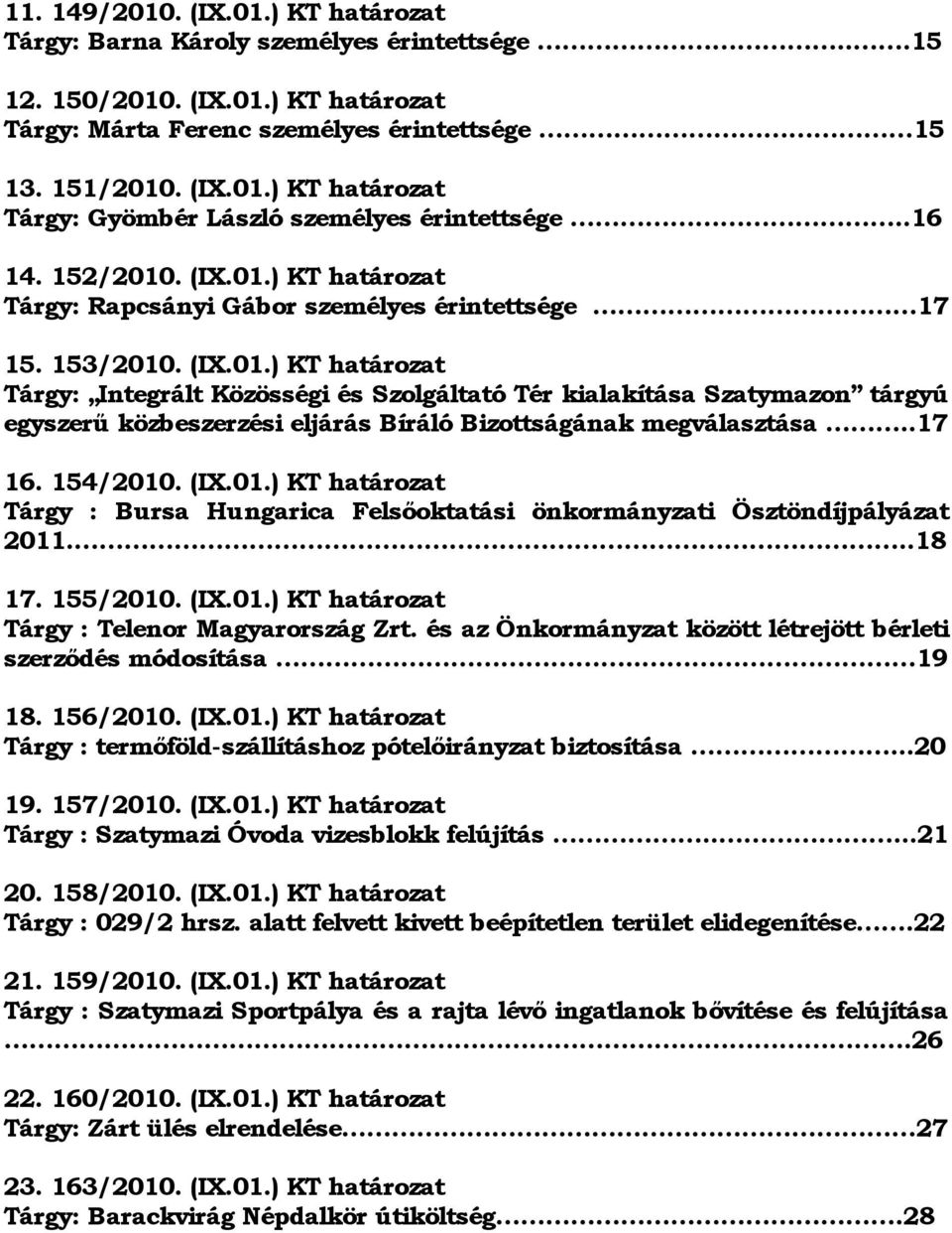 .17 16. 154/2010. (IX.01.) KT határozat Tárgy : Bursa Hungarica Felsőoktatási önkormányzati Ösztöndíjpályázat 2011...18 17. 155/2010. (IX.01.) KT határozat Tárgy : Telenor Magyarország Zrt.