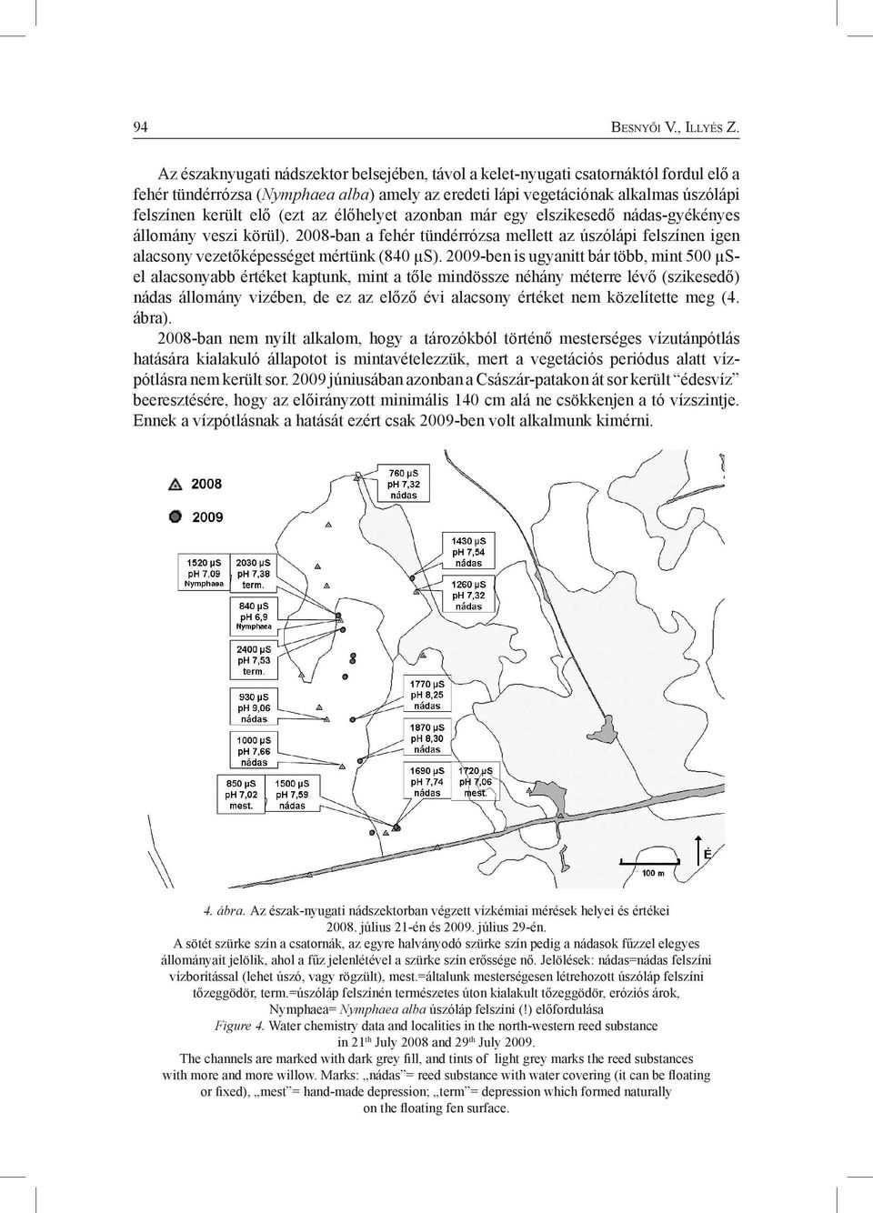 az élőhelyet azonban már egy elszikesedő nádas-gyékényes állomány veszi körül). 2008-ban a fehér tündérrózsa mellett az úszólápi felszínen igen alacsony vezetőképességet mértünk (840 µs).