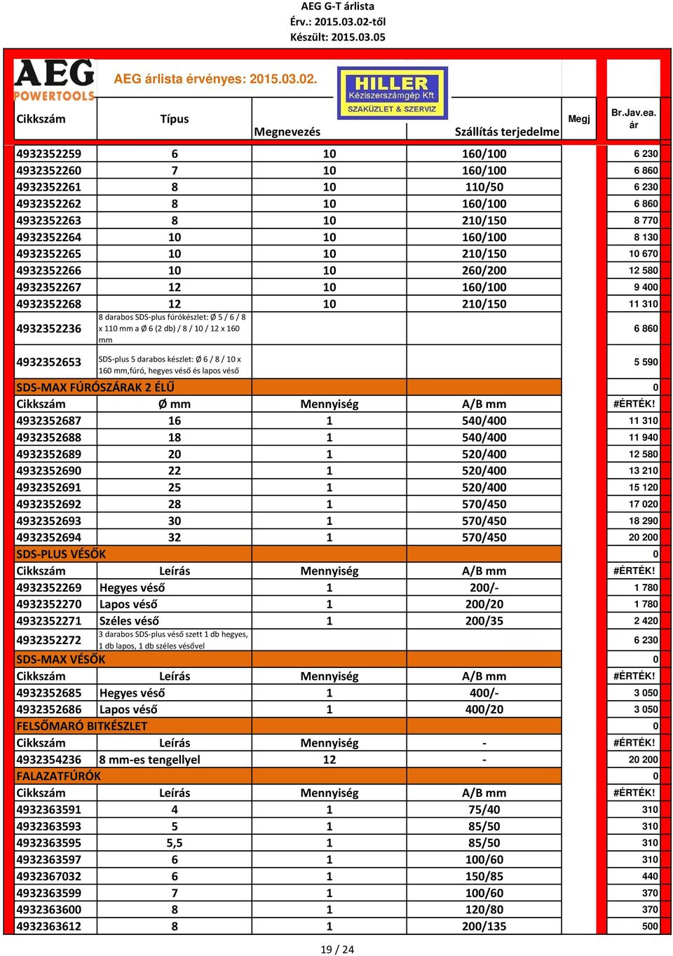 0 260/200 2 580 4932352267 2 0 60/00 9 400 4932352268 2 0 20/50 30 4932352236 8 darabos SDS plus fúrót: Ø 5 / 6 / 8 x 0 mm a Ø 6 (2 db) / 8 / 0 / 2 x 60 mm 4932352653 SDS plus 5 darabos t: Ø 6 / 8 /