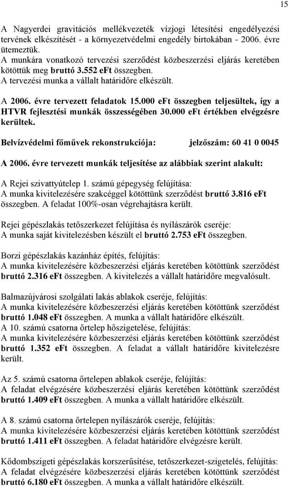 000 eft összegben teljesültek, így a HTVR fejlesztési munkák összességében 30.000 eft értékben elvégzésre kerültek. Belvízvédelmi főművek rekonstrukciója: jelzőszám: 60 41 0 0045 A 2006.