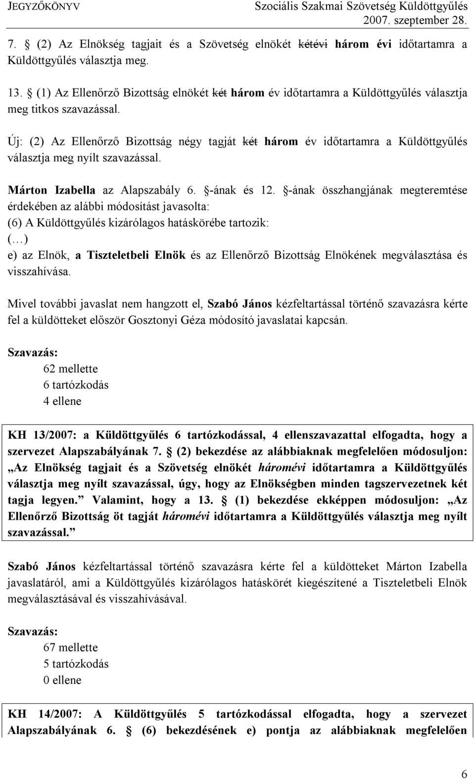 Új: (2) Az Ellenőrző Bizottság négy tagját két három év időtartamra a Küldöttgyűlés választja meg nyílt szavazással. Márton Izabella az Alapszabály 6. -ának és 12.