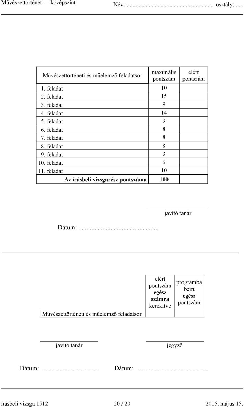 feladat 10 Az írásbeli vizsgarész pontszáma 100 elért pontszám javító tanár Dátum:.