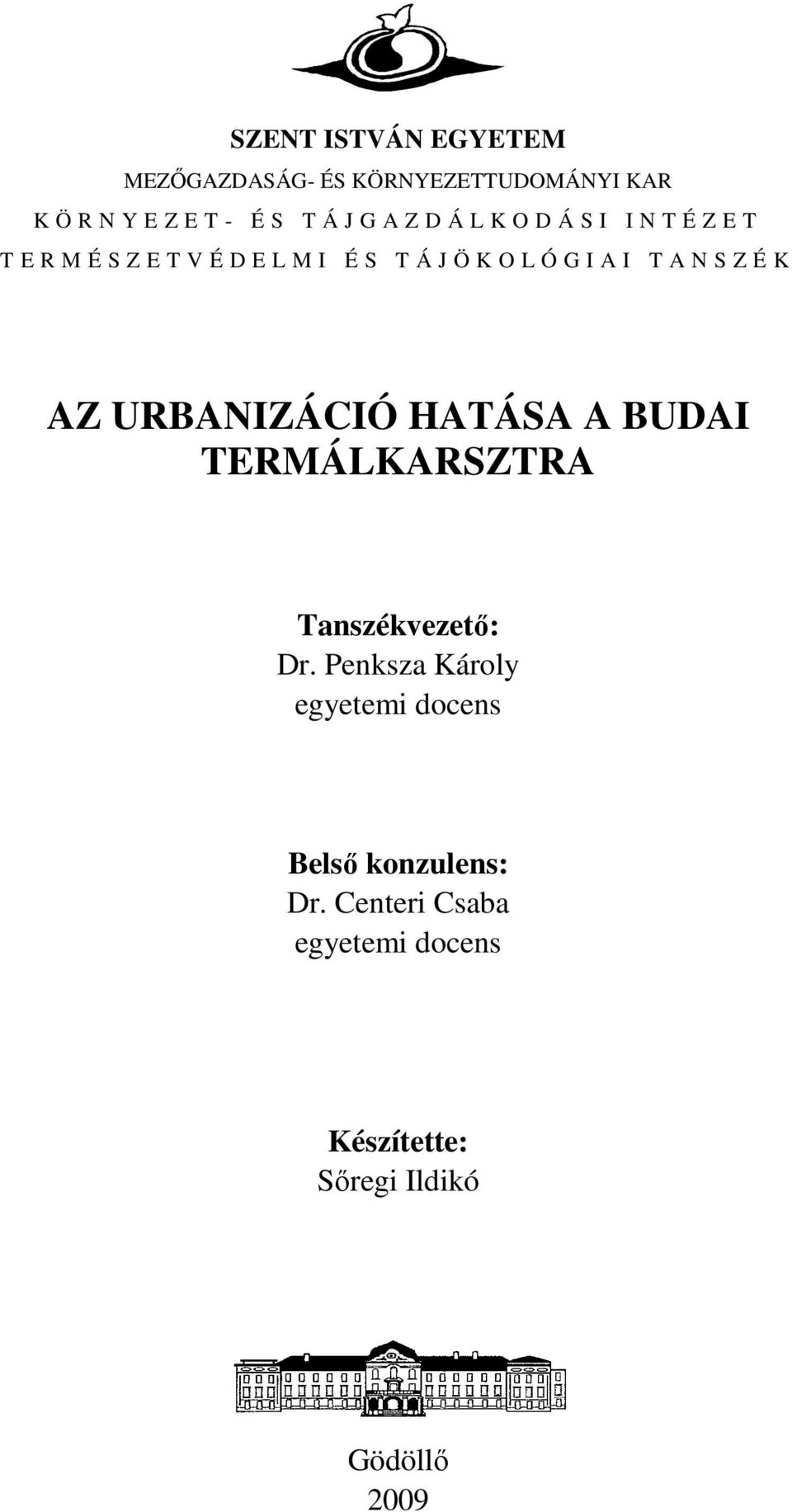 N S Z É K AZ URBANIZÁCIÓ HATÁSA A BUDAI TERMÁLKARSZTRA Tanszékvezetı: Dr.