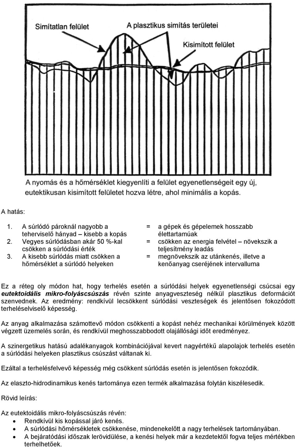 utánkenés, illetve a kenőanyag cseréjének intervalluma Ez a réteg oly módon hat, hogy terhelés esetén a súrlódási helyek egyenetlenségi csúcsai egy eutektoidális mikro-folyáscsúszás révén szinte