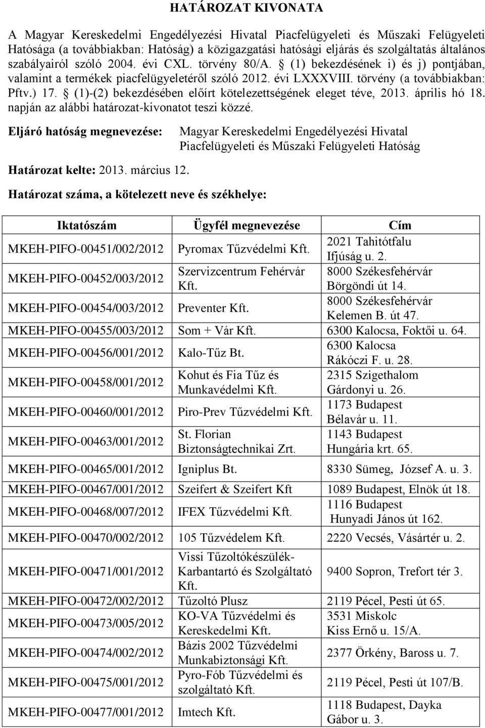 (1)-(2) bekezdésében előírt kötelezettségének eleget téve, 2013. április hó 18. napján az alábbi határozat-kivonatot teszi közzé.