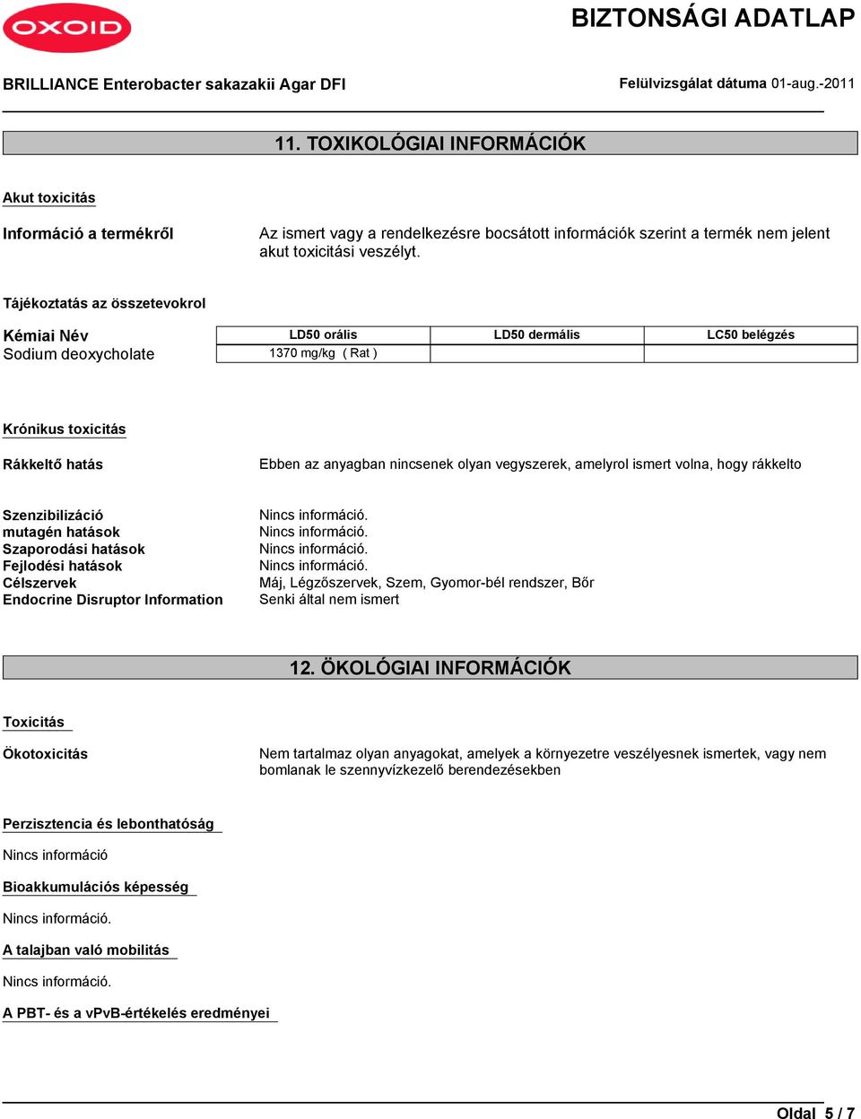 amelyrol ismert volna, hogy rákkelto Szenzibilizáció mutagén hatások Szaporodási hatások Fejlodési hatások Célszervek Endocrine Disruptor Information Máj, Légzőszervek, Szem, Gyomor-bél rendszer, Bőr